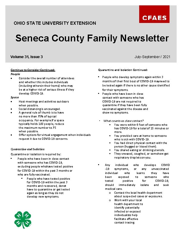 OHIO STATE UNIVERSITY EXTENSION Seneca County Family Newsletter July-September / 2021 Volume 31, Issue