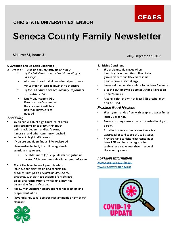 OHIO STATE UNIVERSITY EXTENSION Seneca County Family Newsletter Volume 31, Issue 3 Quarantine and