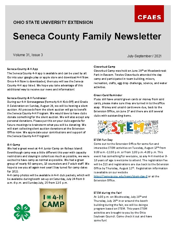 OHIO STATE UNIVERSITY EXTENSION Seneca County Family Newsletter Volume 31, Issue 3 Seneca County