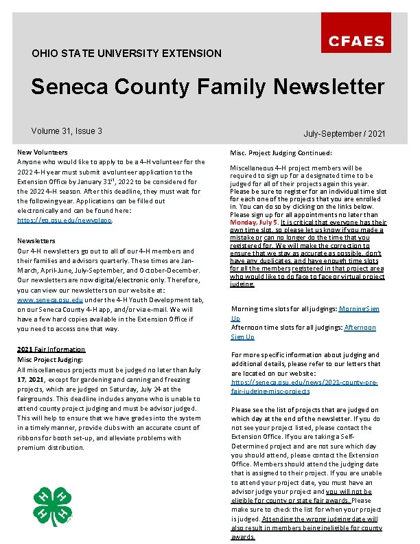 OHIO STATE UNIVERSITY EXTENSION Seneca County Family Newsletter Volume 31, Issue 3 New Volunteers