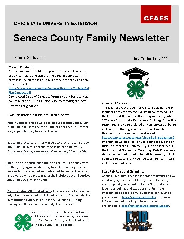 OHIO STATE UNIVERSITY EXTENSION Seneca County Family Newsletter Volume 31, Issue 3 July-September /