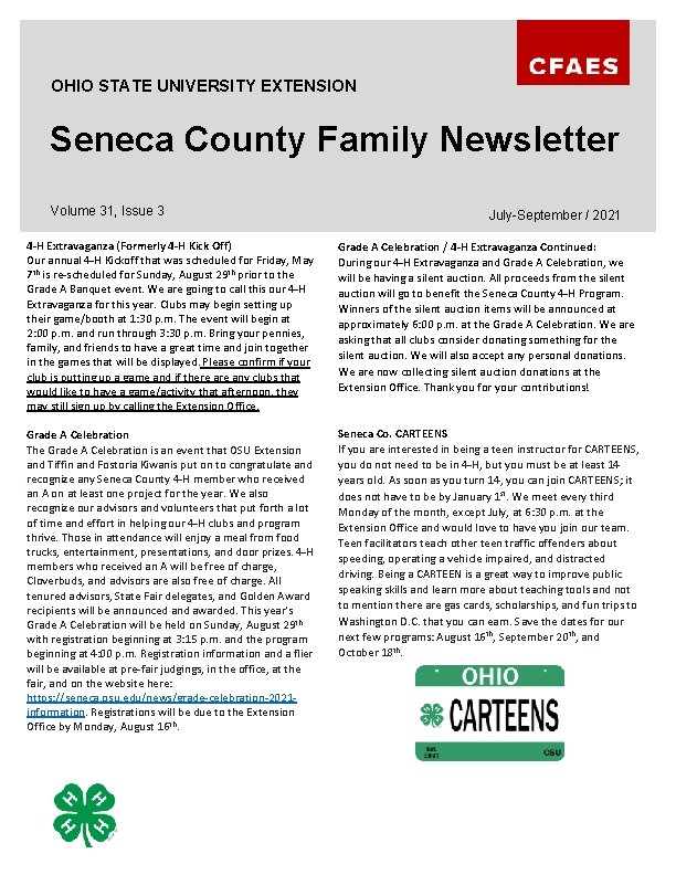 OHIO STATE UNIVERSITY EXTENSION Seneca County Family Newsletter Volume 31, Issue 3 July-September /