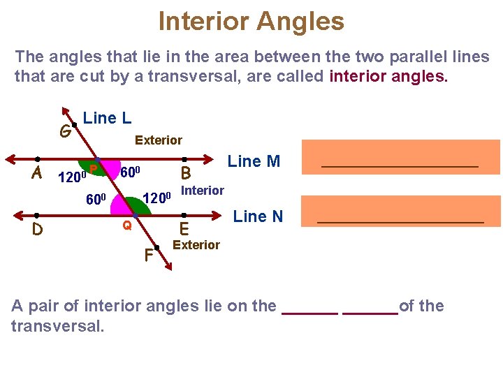 Interior Angles The angles that lie in the area between the two parallel lines