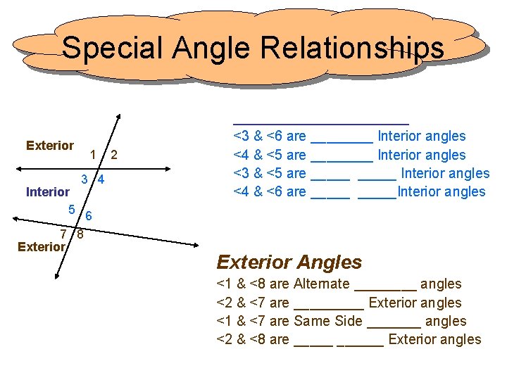 Special Angle Relationships ________ Exterior 1 3 4 Interior 5 6 7 8 Exterior