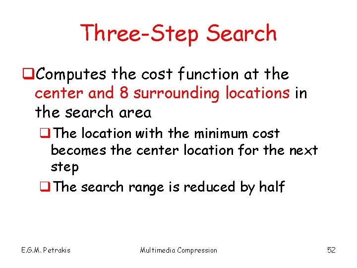 Three-Step Search q. Computes the cost function at the center and 8 surrounding locations