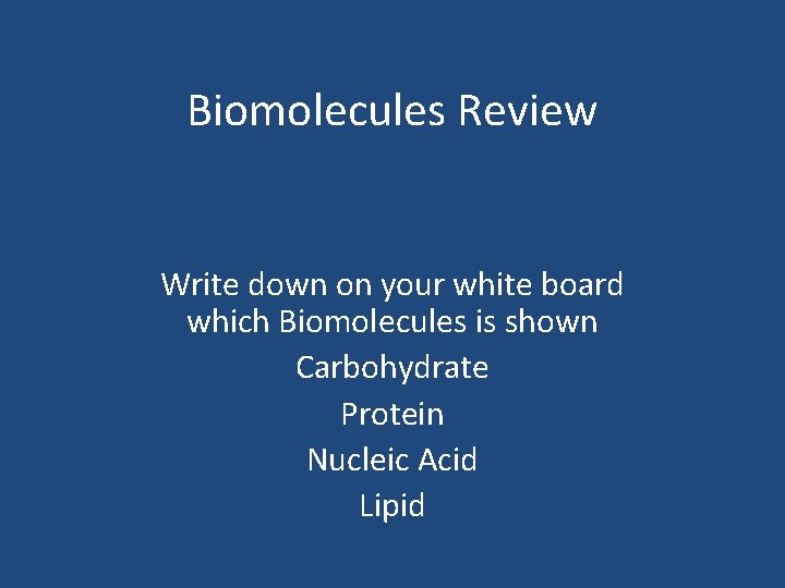 Biomolecules Review Write down on your white board which Biomolecules is shown Carbohydrate Protein