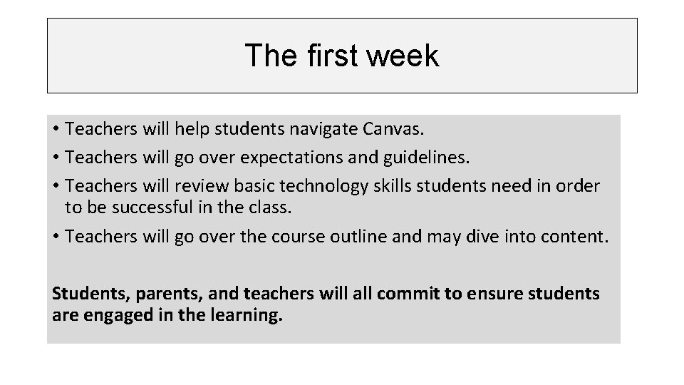 The first week • Teachers will help students navigate Canvas. • Teachers will go