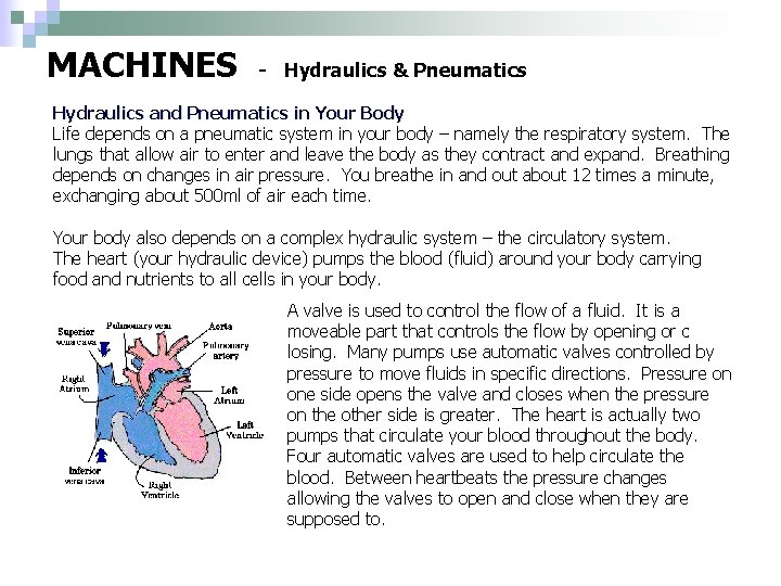 MACHINES - Hydraulics & Pneumatics Hydraulics and Pneumatics in Your Body Life depends on