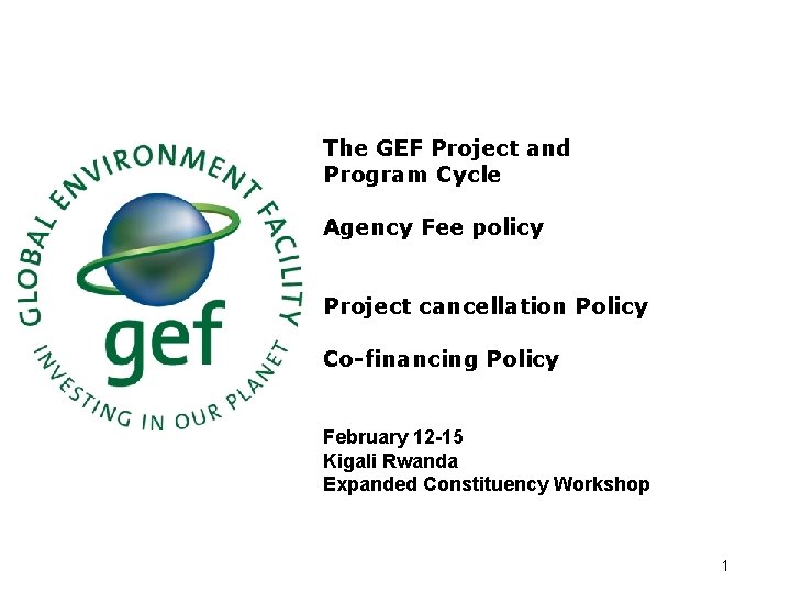 The GEF Project and Program Cycle Agency Fee policy Project cancellation Policy Co-financing Policy