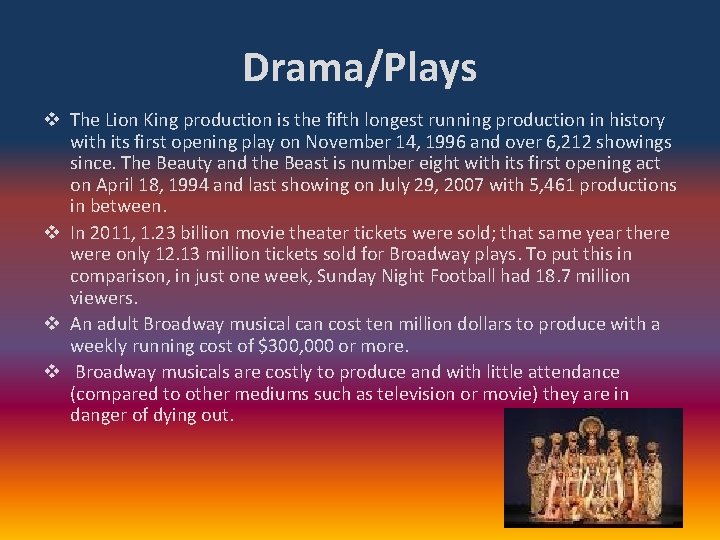 Drama/Plays v The Lion King production is the fifth longest running production in history