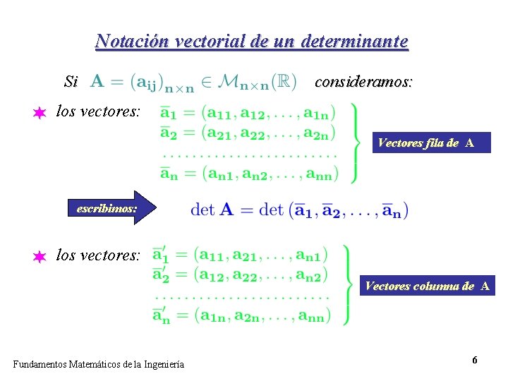 Notación vectorial de un determinante Si consideramos: ¬ los vectores: Vectores fila de A