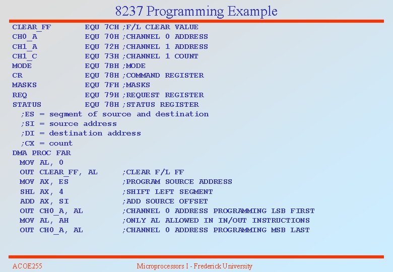 8237 Programming Example CLEAR_FF EQU 7 CH ; F/L CLEAR VALUE CH 0_A EQU