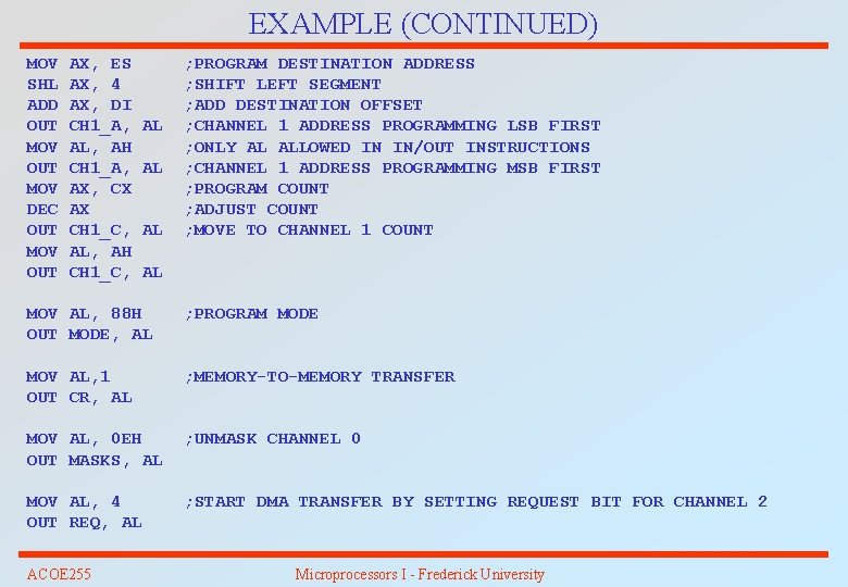 EXAMPLE (CONTINUED) MOV SHL ADD OUT MOV DEC OUT MOV OUT AX, ES AX,