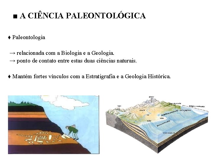 ■ A CIÊNCIA PALEONTOLÓGICA ♦ Paleontologia → relacionada com a Biologia e a Geologia.