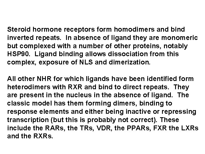 Steroid hormone receptors form homodimers and bind inverted repeats. In absence of ligand they