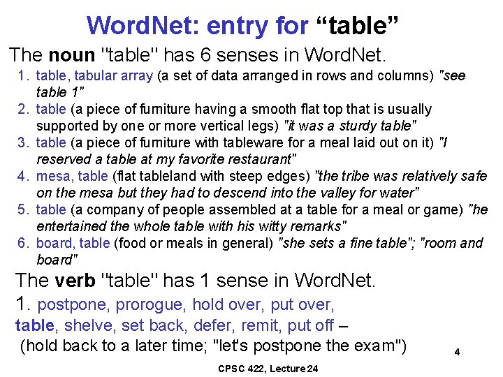 Word. Net: entry for “table” The noun "table" has 6 senses in Word. Net.