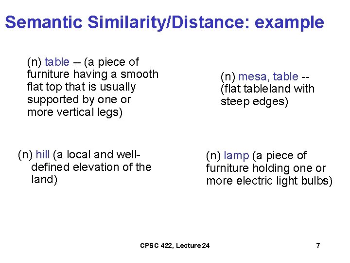 Semantic Similarity/Distance: example (n) table -- (a piece of furniture having a smooth flat