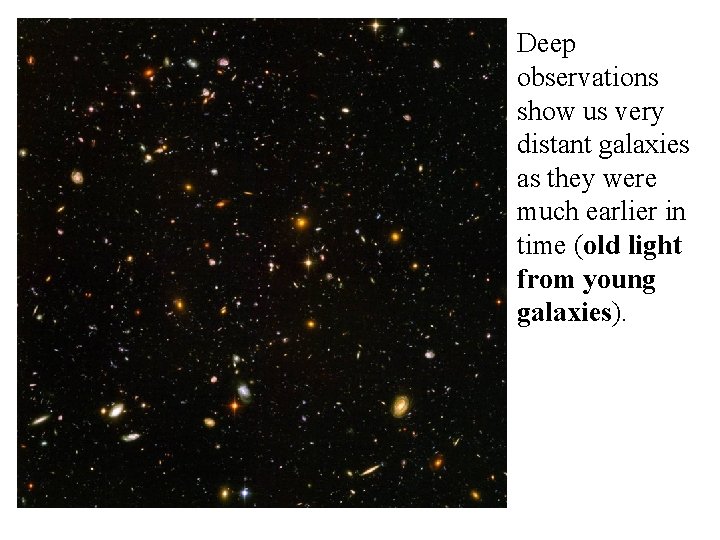 Deep observations show us very distant galaxies as they were much earlier in time