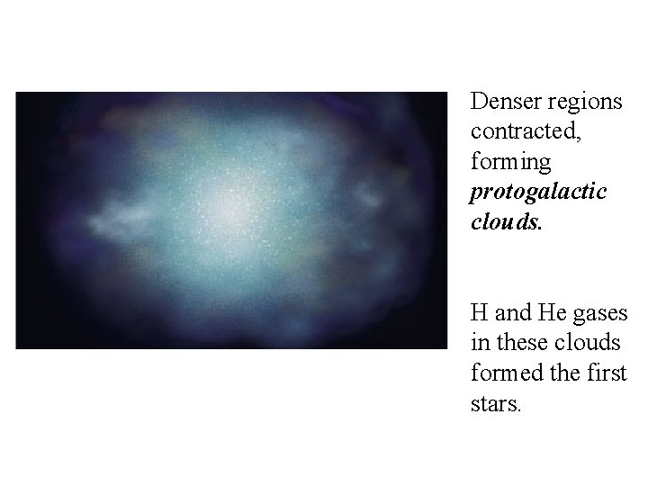Denser regions contracted, forming protogalactic clouds. H and He gases in these clouds formed