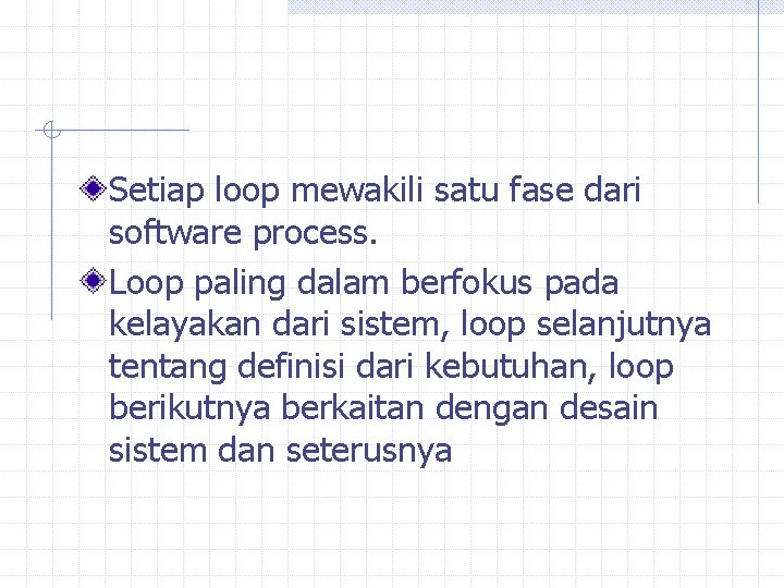 Setiap loop mewakili satu fase dari software process. Loop paling dalam berfokus pada kelayakan