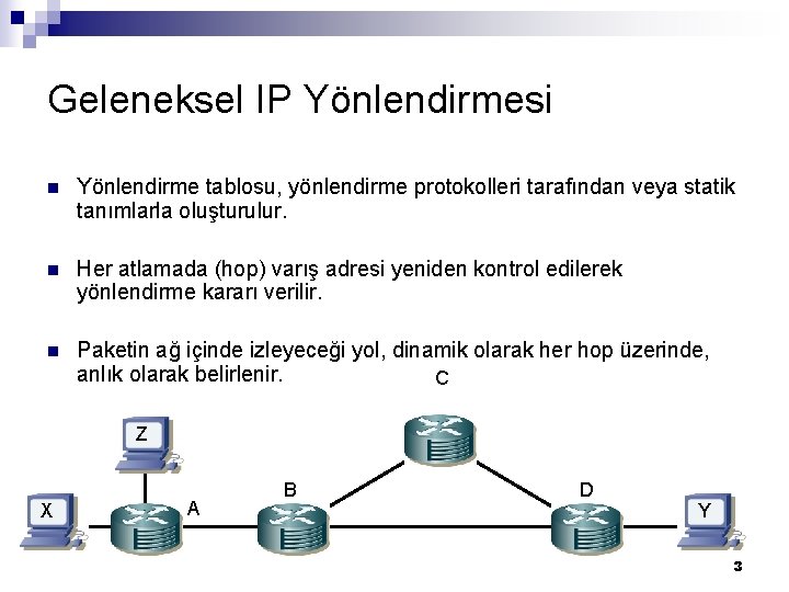 Geleneksel IP Yönlendirmesi n Yönlendirme tablosu, yönlendirme protokolleri tarafından veya statik tanımlarla oluşturulur. n