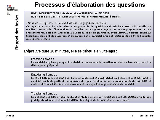 Rappel des textes Processus d’élaboration des questions NOR : MENE 2002780 N Note de