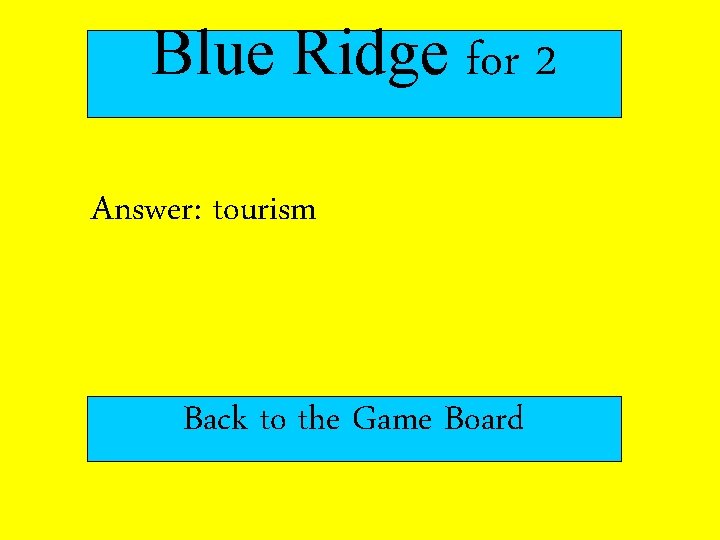 Blue Ridge for 2 Answer: tourism Back to the Game Board 