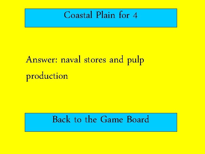 Coastal Plain for 4 Answer: naval stores and pulp production Back to the Game