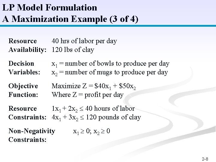 LP Model Formulation A Maximization Example (3 of 4) Resource 40 hrs of labor