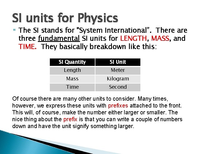 SI units for Physics The SI stands for "System International”. There are three fundamental