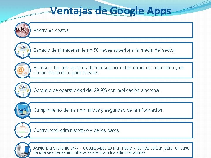 Ventajas de Google Apps Ahorro en costos. Espacio de almacenamiento 50 veces superior a