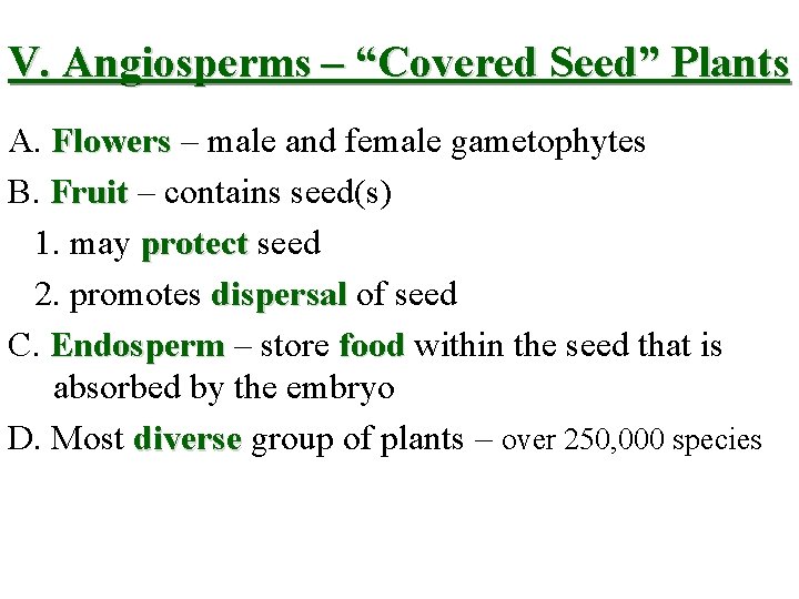 V. Angiosperms – “Covered Seed” Plants A. Flowers – male and female gametophytes B.