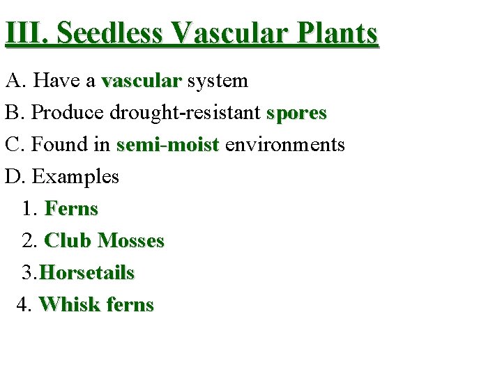 III. Seedless Vascular Plants A. Have a vascular system B. Produce drought-resistant spores C.