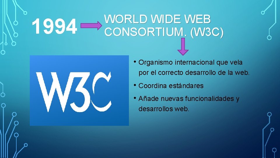 1994 WORLD WIDE WEB CONSORTIUM. (W 3 C) • Organismo internacional que vela por