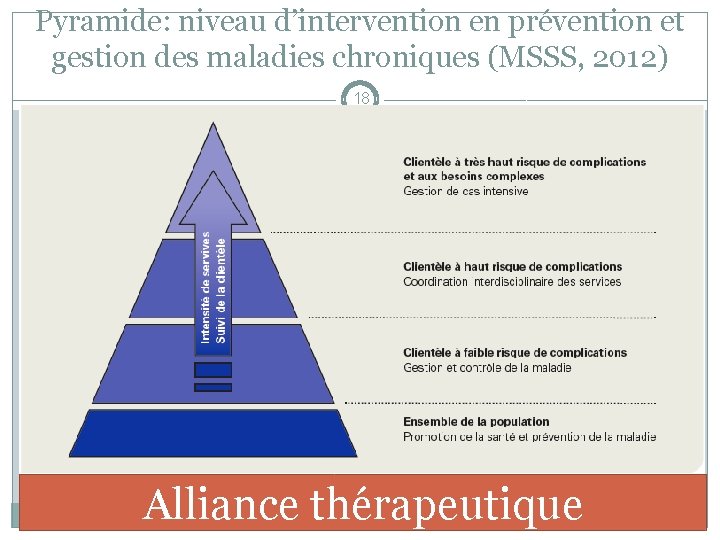 Pyramide: niveau d’intervention en prévention et gestion des maladies chroniques (MSSS, 2012) 18 Alliance