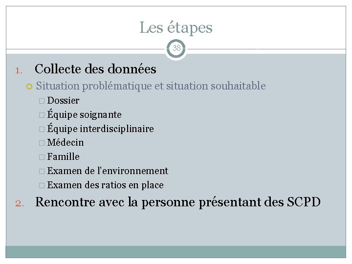 Les étapes 38 Collecte des données 1. Situation problématique et situation souhaitable � Dossier