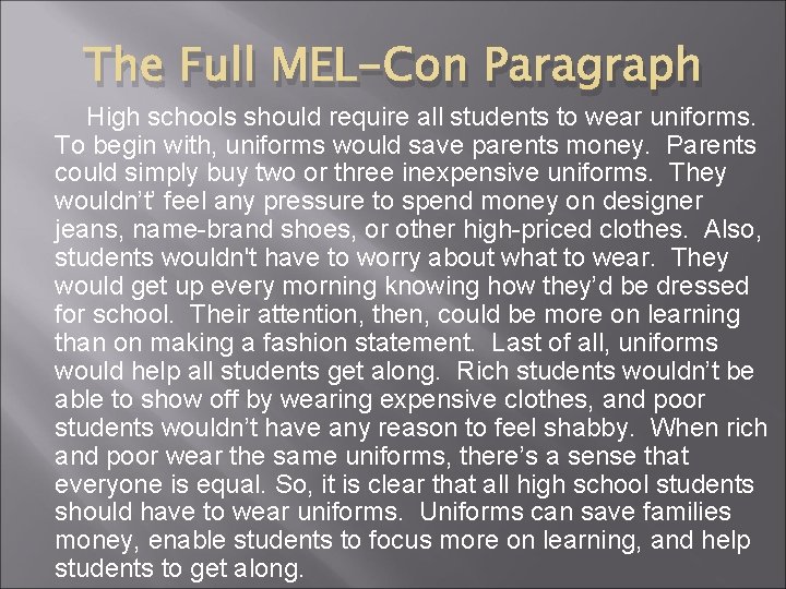 The Full MEL-Con Paragraph High schools should require all students to wear uniforms. To