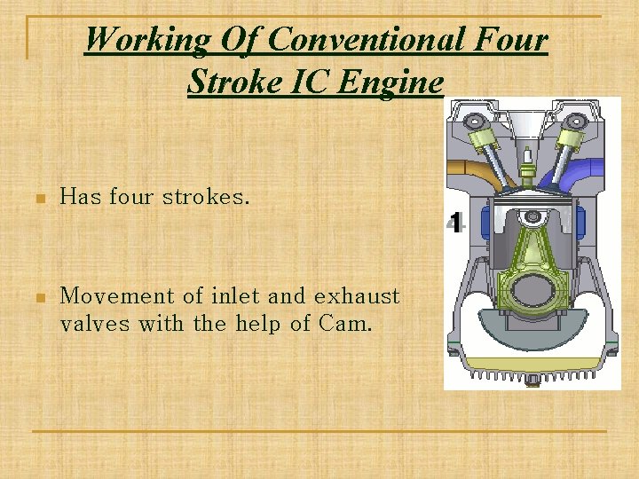 Working Of Conventional Four Stroke IC Engine n Has four strokes. n Movement of