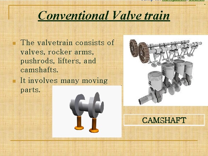 Jump to: navigation, search Conventional Valve train n n The valvetrain consists of valves,