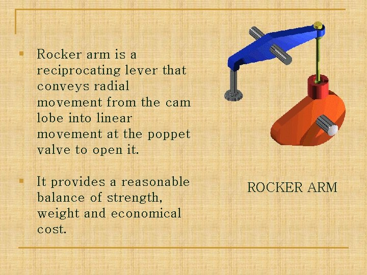 § Rocker arm is a reciprocating lever that conveys radial movement from the cam