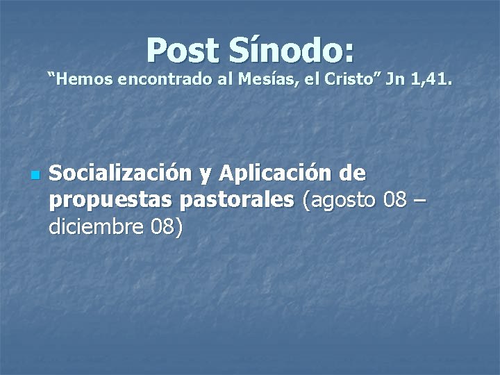 Post Sínodo: “Hemos encontrado al Mesías, el Cristo” Jn 1, 41. n Socialización y