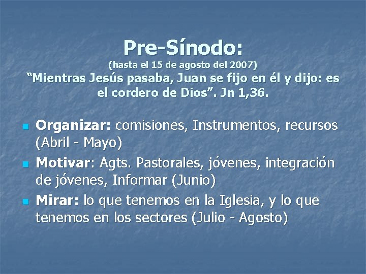 Pre-Sínodo: (hasta el 15 de agosto del 2007) “Mientras Jesús pasaba, Juan se fijo