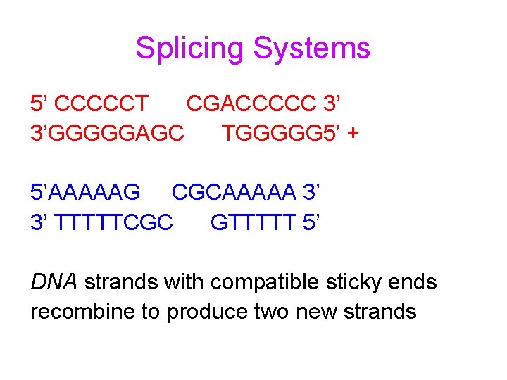 Splicing Systems 5’ CCCCCT CGACCCCC 3’ 3’GGGGGAGC TGGGGG 5’ + 5’AAAAAG CGCAAAAA 3’ 3’