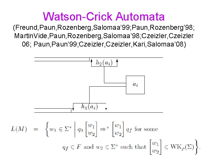 Watson-Crick Automata (Freund, Paun, Rozenberg, Salomaa’ 99; Paun, Rozenberg’ 98; Martin. Vide, Paun, Rozenberg,