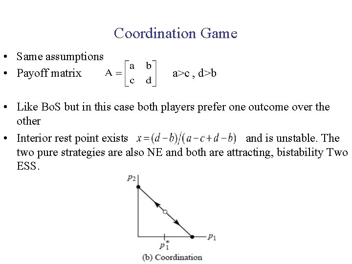 Coordination Game • Same assumptions • Payoff matrix a>c , d>b • Like Bo.