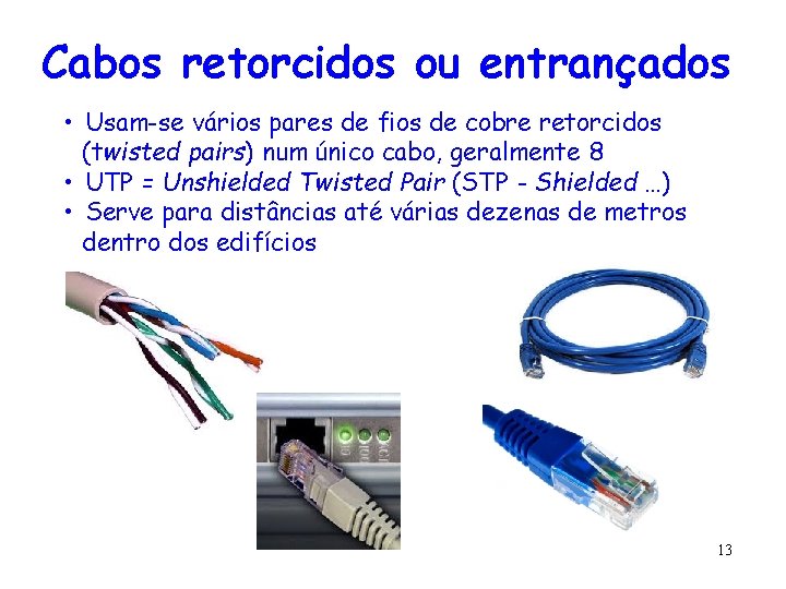 Cabos retorcidos ou entrançados • Usam-se vários pares de fios de cobre retorcidos (twisted