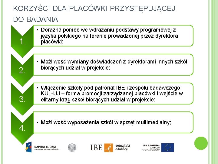 KORZYŚCI DLA PLACÓWKI PRZYSTĘPUJĄCEJ DO BADANIA 1. 2. 3. 4. • Doraźna pomoc we