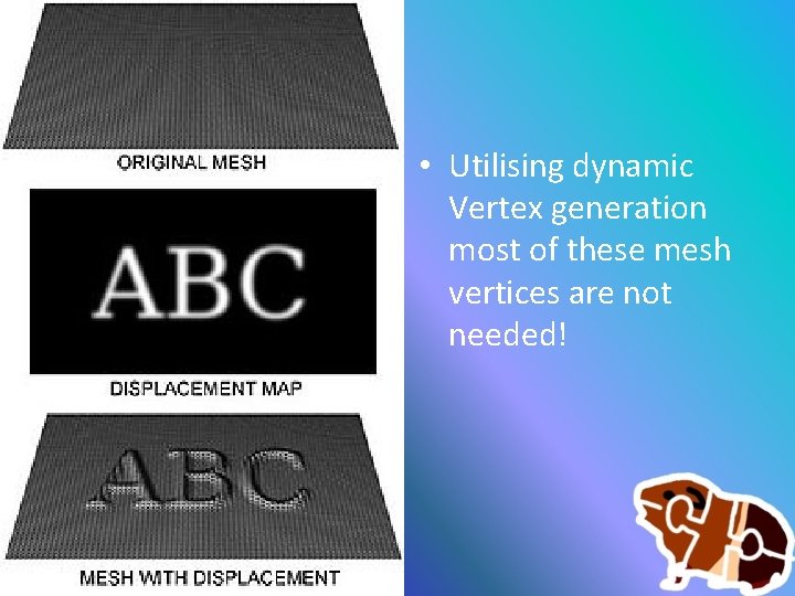  • Utilising dynamic Vertex generation most of these mesh vertices are not needed!