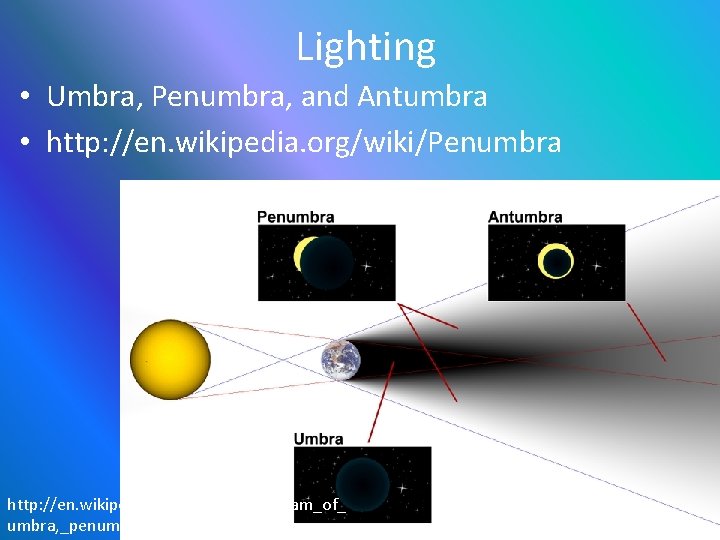 Lighting • Umbra, Penumbra, and Antumbra • http: //en. wikipedia. org/wiki/Penumbra http: //en. wikipedia.