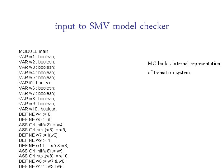 input to SMV model checker MODULE main VAR w 1 : boolean; VAR w input to SMV model checker MODULE main VAR w 1 : boolean; VAR w